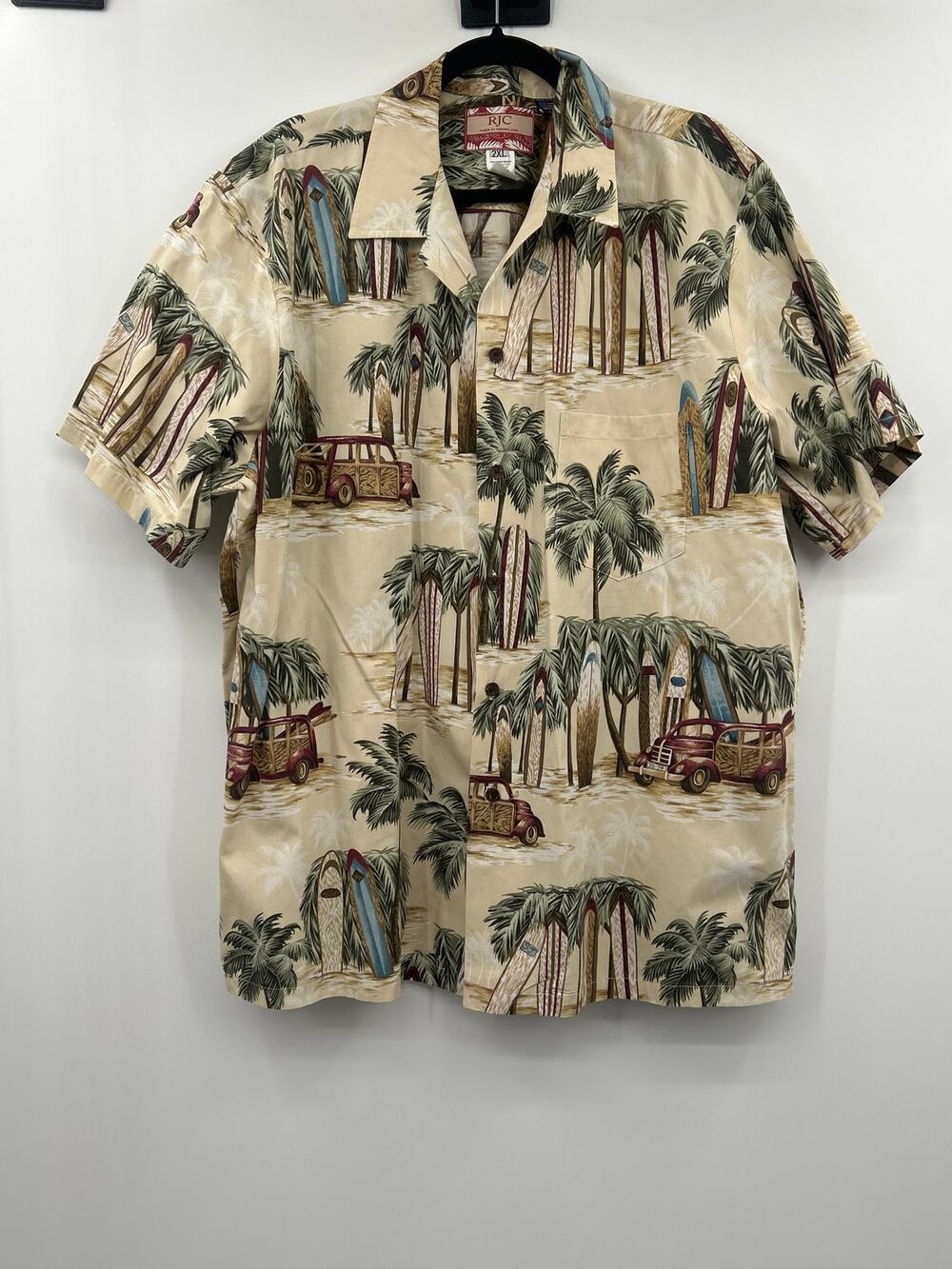 RJC Hawaiian Shirt 2XL Made in Hawaii 100% Cotton Surfboard Woody Camp Shirt